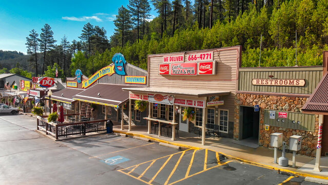 Keystone, South Dakota - July 10, 2019: Town main street filled with boutiques, gift shops, fine dining, lodging and history. Keystone is the gateway to Mount Rushmore