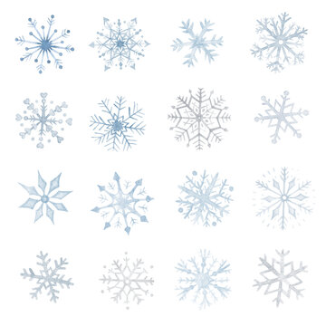 Watercolor set of blue snowflakes on transparent background 