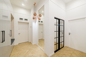 Interior design of the apartment. White walls and wood flooring