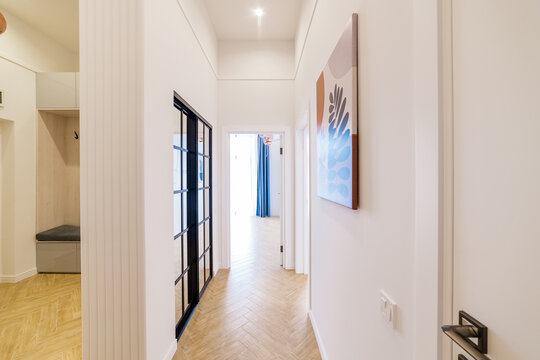 Interior design of the apartment. Light corridor with a picture on the wall