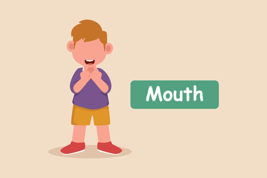 Little boy pointing to his mouth with his both fingers. Pointing concept. Flat vector illustrations isolated.