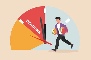 Businessman rushes to office to finish work before it's too late. Timer concept. Vector illustration.