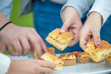 Obraz na płótnie Canvas Children eating fig jam on slices of bread outdoor.