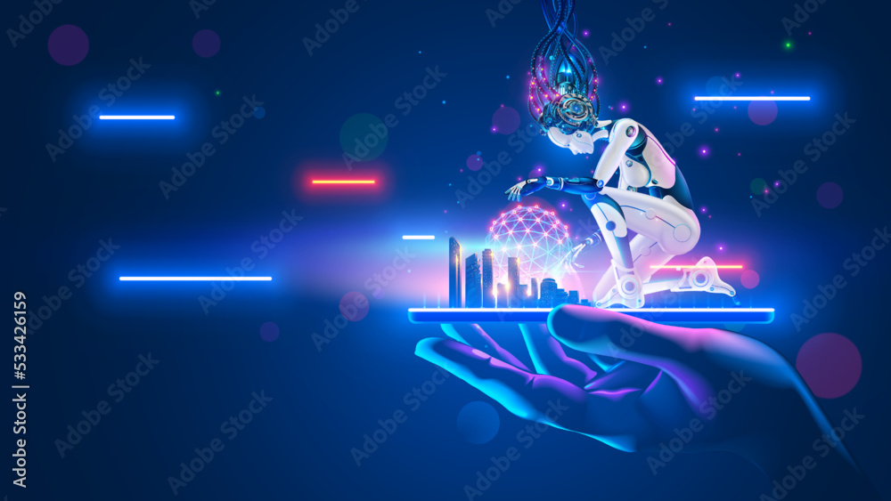 Poster ai in phones assistants communications with smart city infrastructure. robot cyborg woman with artif