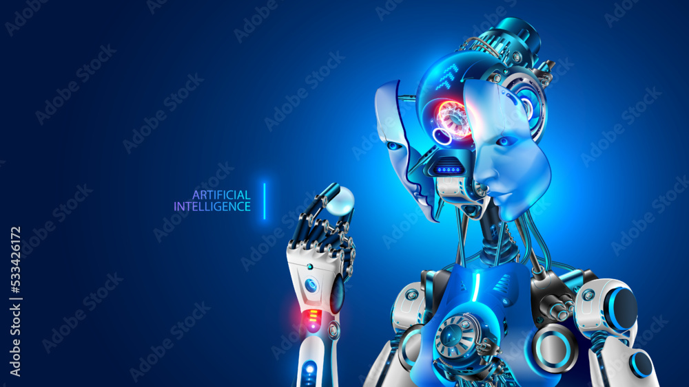 Poster Robot with AI hold in hand core of electronic brain. Face cyborg opened for installation cybernetic artificial intelligence processor. Mechanical electronic machine acquires mind. Inside of robot head