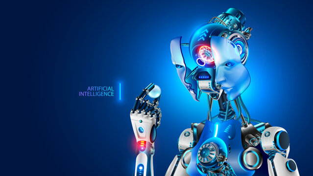 Robot with AI hold in hand core of electronic brain. Face cyborg opened for installation cybernetic artificial intelligence processor. Mechanical electronic machine acquires mind. Inside of robot head