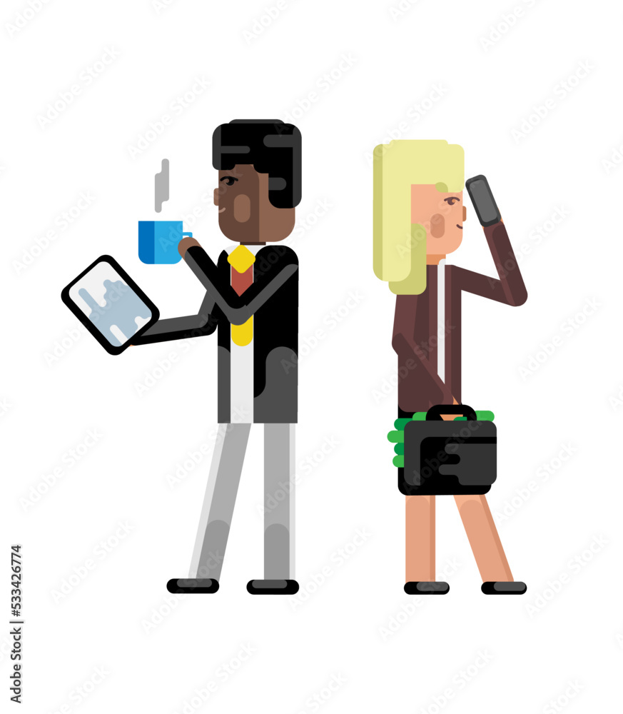 Poster African businessman with tablet computer and blonde businesswoman with money suitcase talking on phone. Corporate multicultural business people isolated vector illustration.