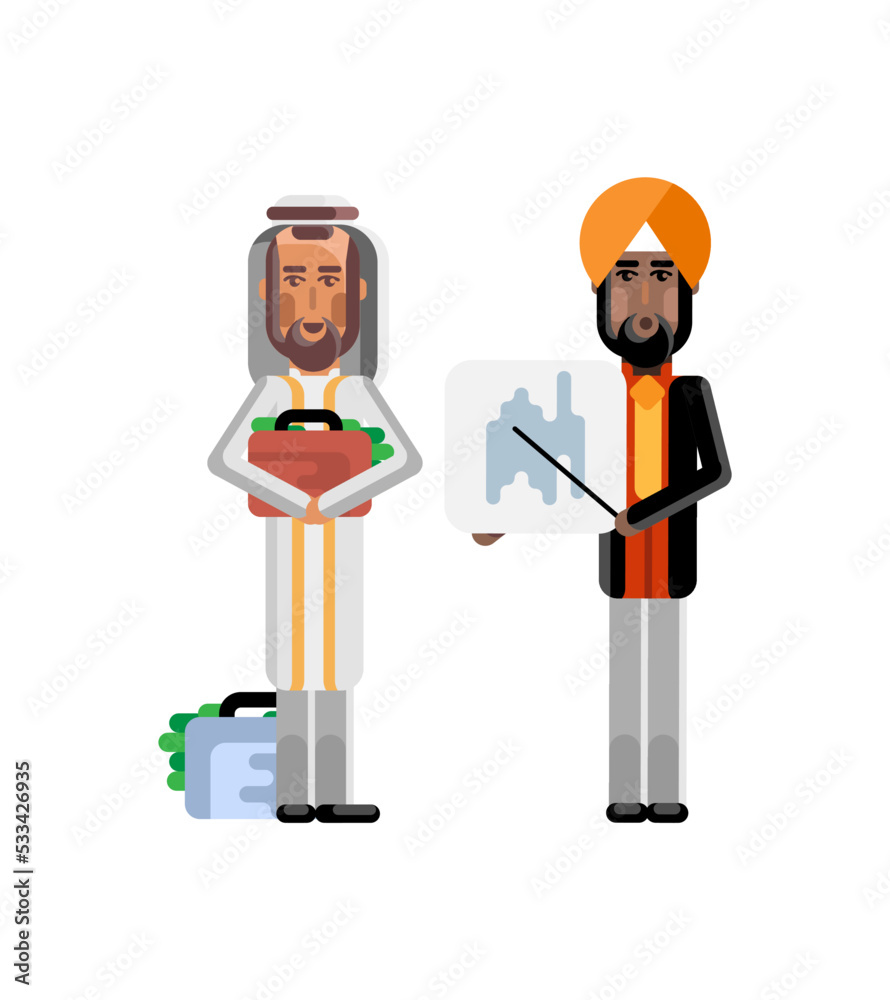 Poster Indian businessman showing financial diagram and arabic investor holding money suitcase. Corporate multicultural business people isolated vector illustration.