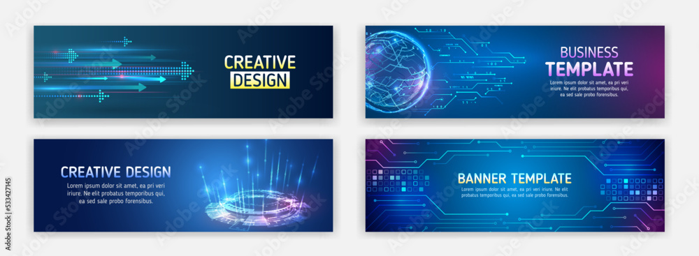Aufkleber modern banner in hi-tech style. set of web banner templates, information protection, big data. scien