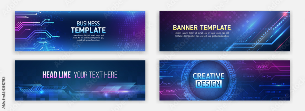 Poster Set banner templates for websites. Abstract social media cover design. Horizontal header web background. High tech design with technological elements. Science and digital technology concept.