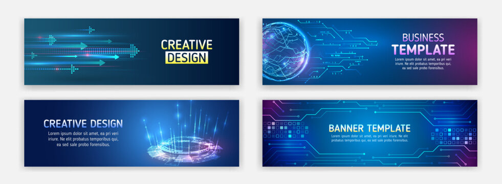 Modern banner in hi-tech style. Set of web banner templates, information protection, big data. Scientific and technical concept.