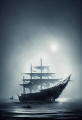 old Ship in with broken sail and dark weather at night