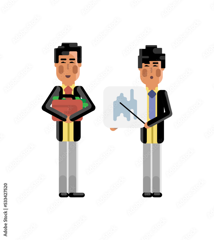 Sticker Asian businessman showing financial diagram and investor holding money suitcase. Corporate business people isolated vector illustration.