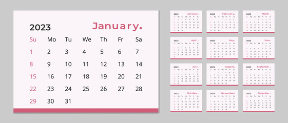 Monthly calendar template for 2023 year. Planner diary in a minimalist style.2023 calendar in minimal table and pink color event planner, Corporate and business calendar. Week Starts Sunday