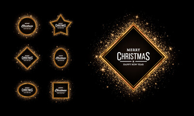 Gold shiny glowing frames with shadows isolated on black transparent background. Banner frame template. Gold frames of different geometric shapes. Shiny, bright frames for the holidays.
