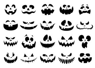 Fototapeta premium A set of silhouettes of faces for Halloween. Scary, fun, smiles for pumpkins and ghosts. Vector illustration