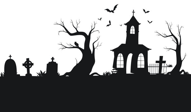 Panorama with scary silhouettes of trees, graves and abandoned buildings. Halloween background. Vector illustration