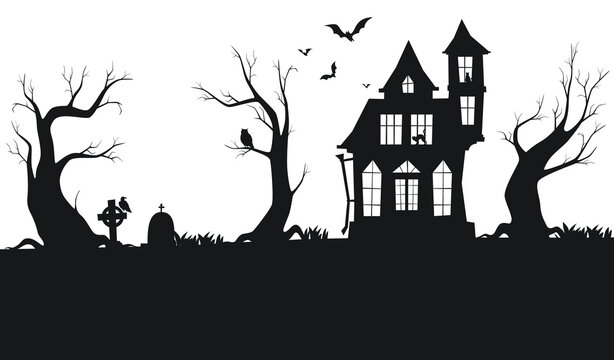 Panorama with scary silhouettes of trees, graves and abandoned buildings. Halloween background. Vector illustration