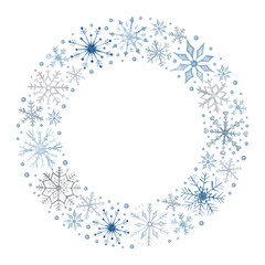 Watercolor wreath with blue snowflakes, isolated on transparent background
