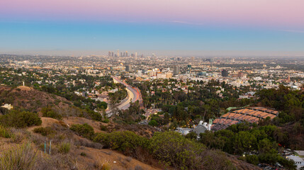 Fototapeta na wymiar Sunset of the Los Angeles downtown skyline