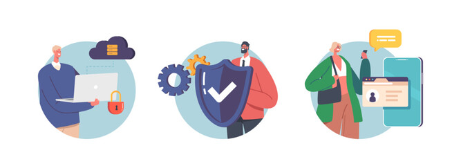Fototapeta premium Internet Security, Profile or Account Data Protection, Privacy Isolated Icons or Avatars. Characters with Laptop, Phone