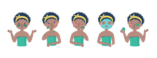 Girl skin care face. Gua sha massage. Using a sheet mask and a cucumber mask. Vector set. Cute african woman illustration isolated on white background