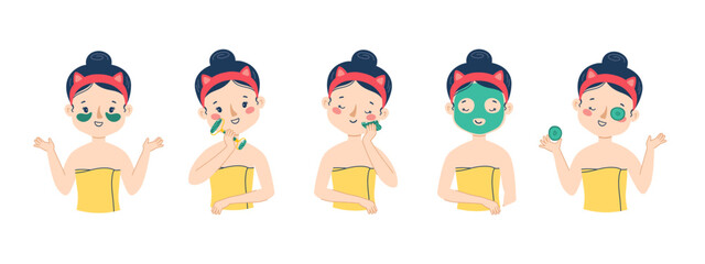 Girl skin care face. Gua sha massage. Using a sheet mask and a cucumber mask. Vector set. Cute woman illustration isolated on white background