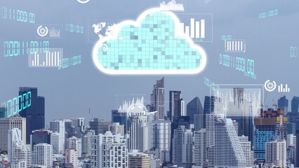 Cloud computing technology and online data storage for alteration data sharing . Computer connects to internet network server service for cloud data transfer shown in 3D futuristic graphic interface .