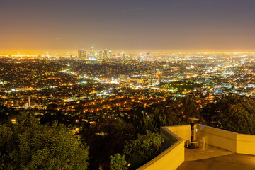 Night high angle view of the Los Angeles downtown