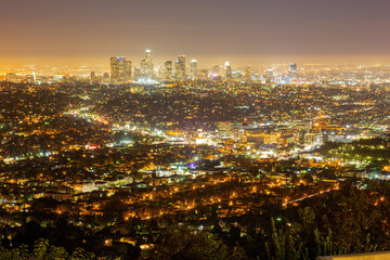 Fototapeta premium Night high angle view of the Los Angeles downtown