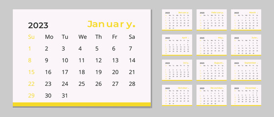 Monthly calendar template for 2023 year. Planner diary in a minimalist style.2023 calendar in minimal table and Yellow color event planner, Corporate and business calendar. Week Starts Sunday