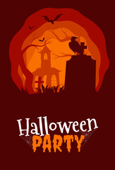 Happy Halloween. Banner with scary silhouettes of trees, graves and abandoned buildings. Halloween background. Vector illustration