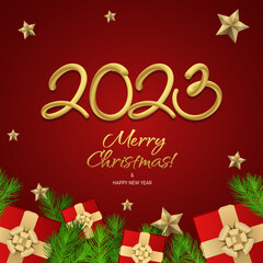 Happy new year 2023 greeting vector templates. Merry Christmas design greeting text with colorful Christmas décor elements such as a gift, fir tree branch, stars on a red background with luxury gold.