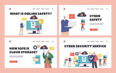 Obraz na płótnie Canvas Cybersecurity Landing Page Template Set. Cyber Safety, Personal Data Protection in Internet. Characters Work on Computer