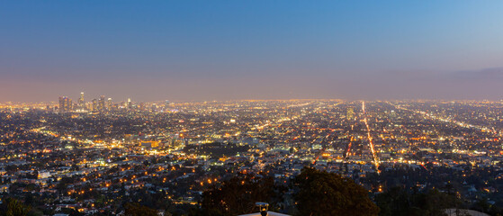 Night high angle view of the Los Angeles downtown