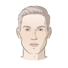 Man face portrait three different angles and turns of a male head. Close-up vector line sketch illustration. Different view front, profile, three-quarter of a boy.