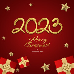 Fototapeta na wymiar Happy new year 2023 greeting vector templates. Merry Christmas design greeting text with colorful christmas decor elements such as a gift, stars on a red background with luxury gold.
