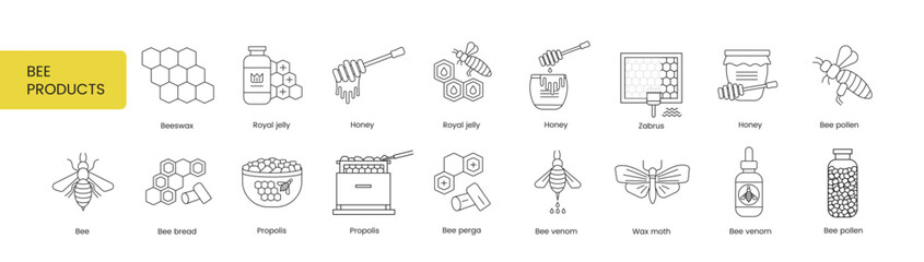 The set of icons of Beekeeping products includes wax moth and bee venom, perga, propolis and bee bread, pollen and zabrus, honey and royal jelly, beeswax, vector illustration of the line.