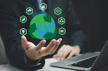 Reduce CO2 emission Net zero and carbon concept in the hand with icons, global warming for environmental climate change management eco economy development.