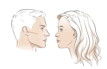 Man and woman faces. Heads face. Portrait of young beautiful girl, boy. Vector line sketch illustration. © mozart3737