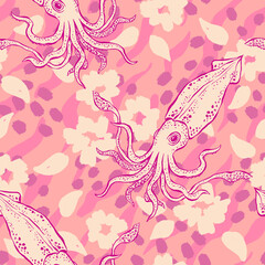 Pink seamless vector background. Beautiful cute endless pattern with squid and botanical elements. Fashion print for packing, textile, fabric.