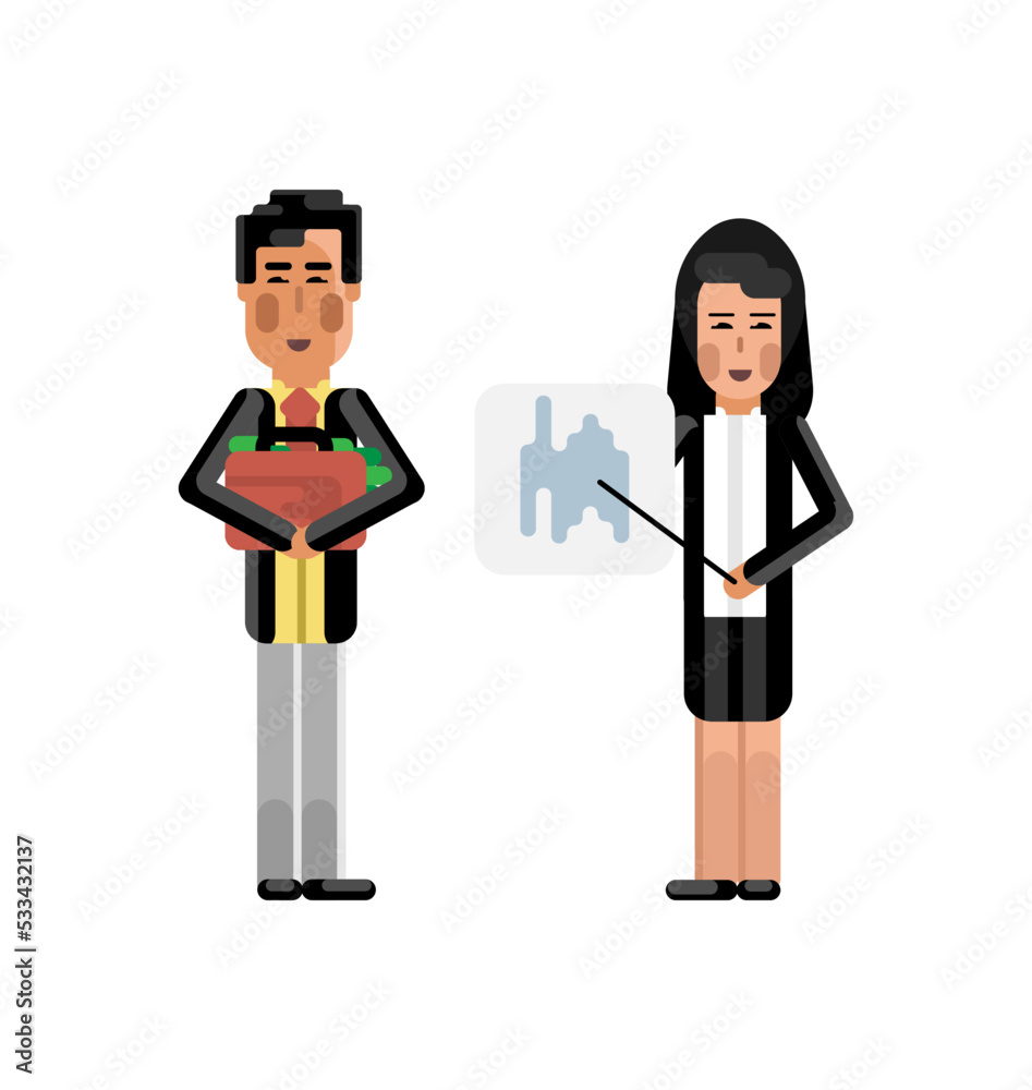 Wall mural Asian businesswoman showing financial diagram and investor holding money suitcase. Corporate multicultural business people isolated vector illustration.