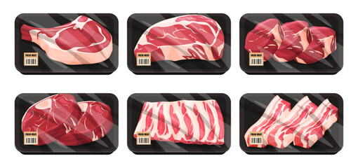Fresh beef and pork in packaging. Sorted meat for sale. Vector illustration