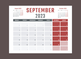 calendar for september 2023 starts monday, vector calendar design september 2023 year - obrazy, fototapety, plakaty