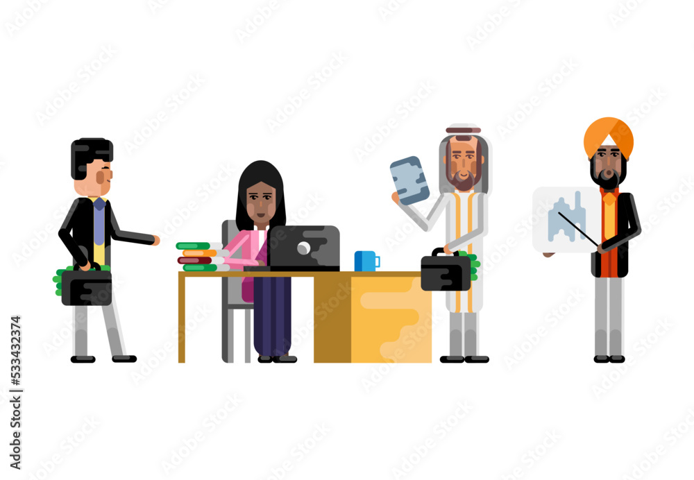 Canvas Prints Arabic and indian business staff working in office, doing business presentation and working with documents. Corporate multicultural business people isolated vector illustration.