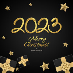 Fototapeta na wymiar Happy new year 2023 greeting vector templates. Merry Christmas design greeting text with colorful christmas decor elements such as a gift, stars on a black background with luxury gold.
