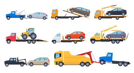 Different types of tow trucks with cars. Improper car parking and evacuation to the penalty area. Vector illustration