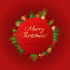 Happy new year 2023 greeting vector templates. Merry Christmas design greeting text with colorful Christmas décor elements such as a ball, fir tree branch, berry on a red background with luxury gold.