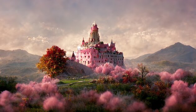 Pink castle in the mountains with green grass, trees and rocks on the horizon 3d illustration