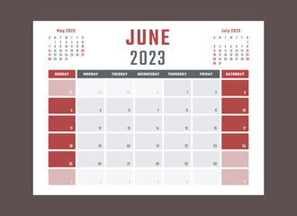 calendar for june 2023 starts sunday, vector calendar design june 2023 year - obrazy, fototapety, plakaty